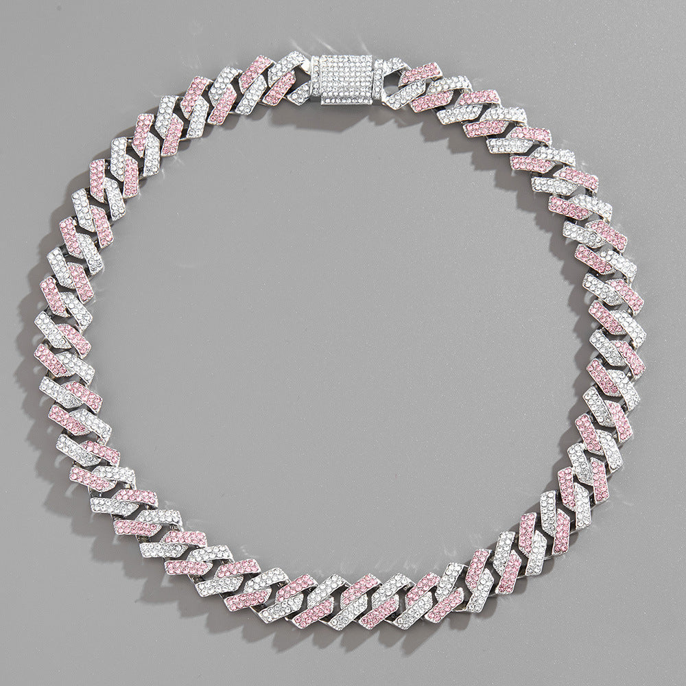 15mm Iced Out Pink White Mix Cuban Chain
